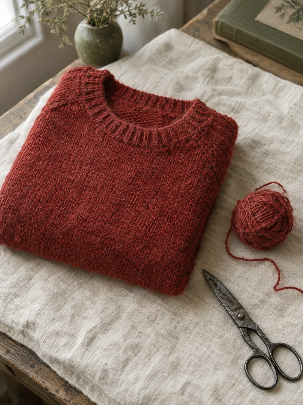 Gefalteter krapproter Strickpullover auf Leinen, daneben ein Garnrest und eine alte Schere