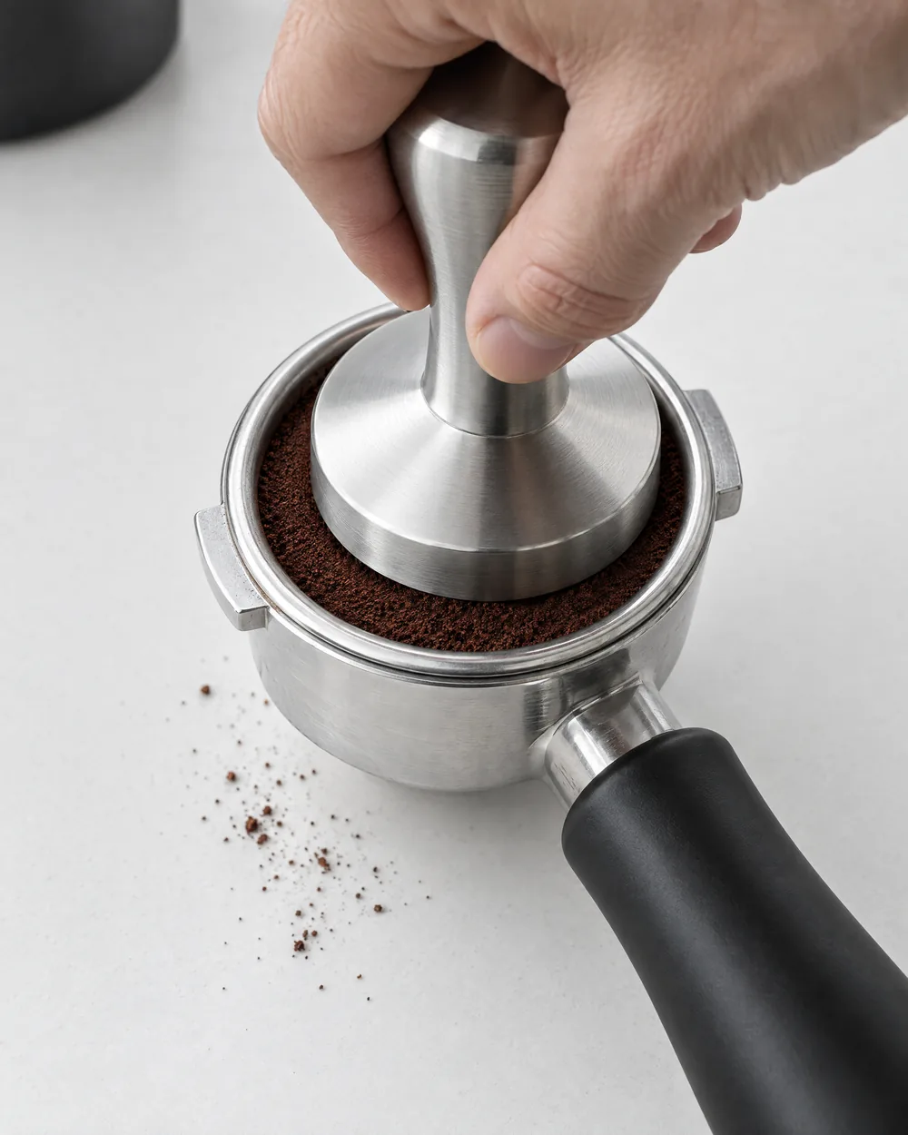 Eine Hand drückt einen Edelstahl-Tamper gerade in das Kaffeemehl im Siebträger