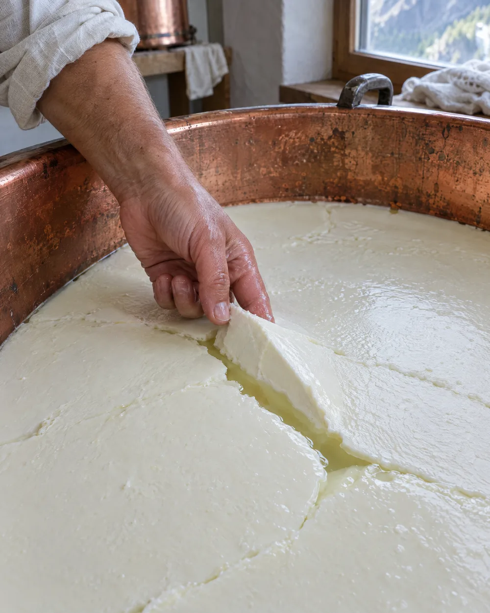 Eine Hand hebt im Kupferkessel die dicke Milch mit dem Finger an, die Gallerte bricht sauber, in der Fuge steht gelbliche Molke