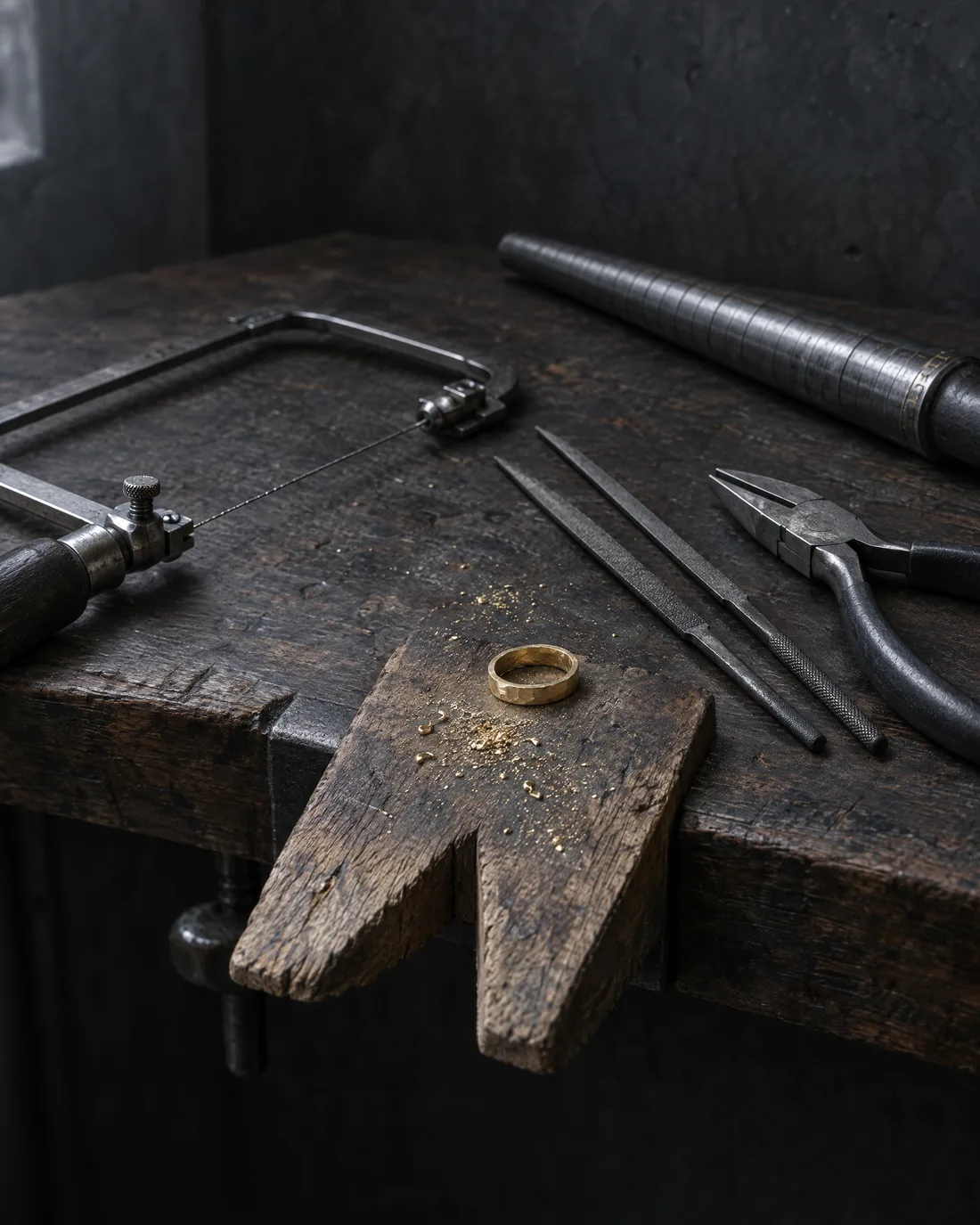 Werkbank der Goldschmiede: Feilnagel aus Holz mit einem unfertigen Goldring und Feilspänen, daneben Bügelsäge, Feilen, Flachzange und Ringriegel
