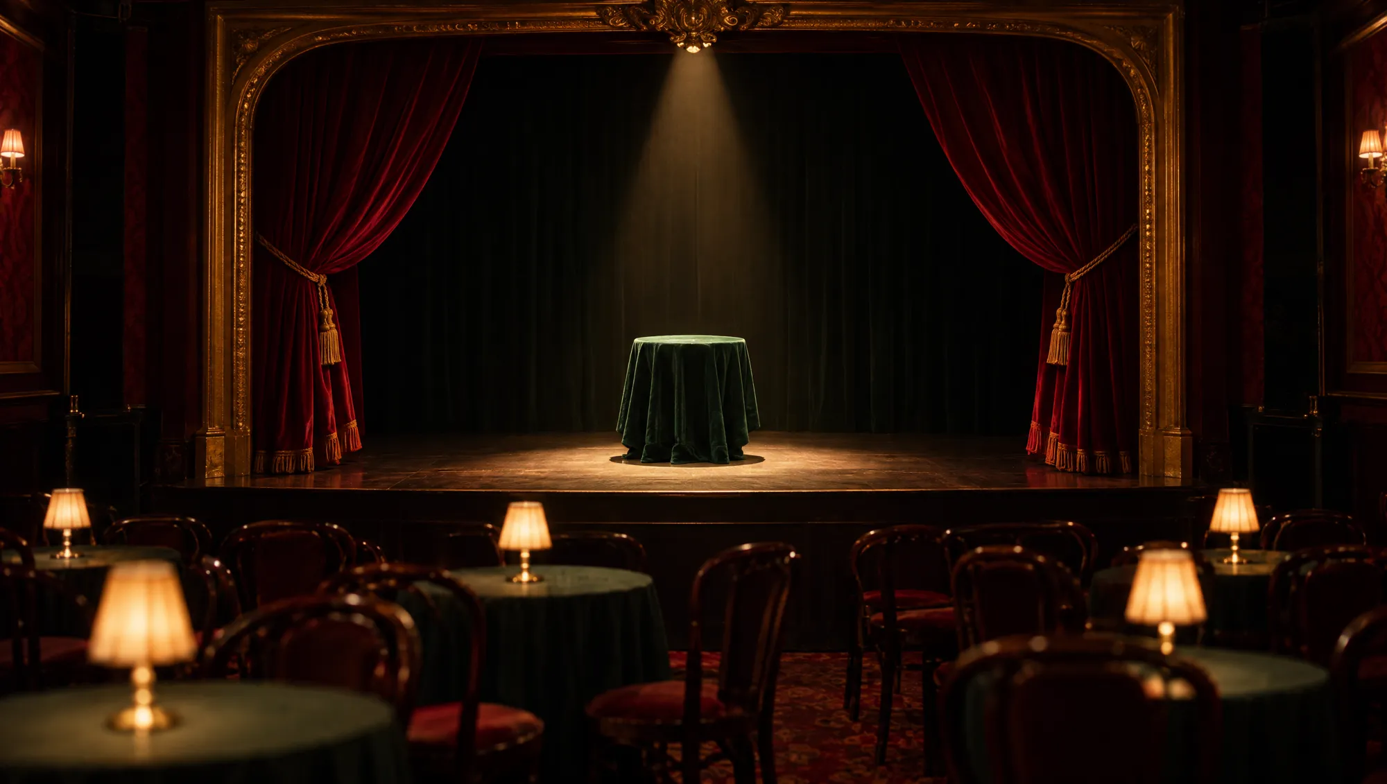 Kleiner Theatersaal von hinten: runde Tische mit Lampen, vorn eine Bühne mit rotem Vorhang und einem grünen Tisch im Lichtkegel