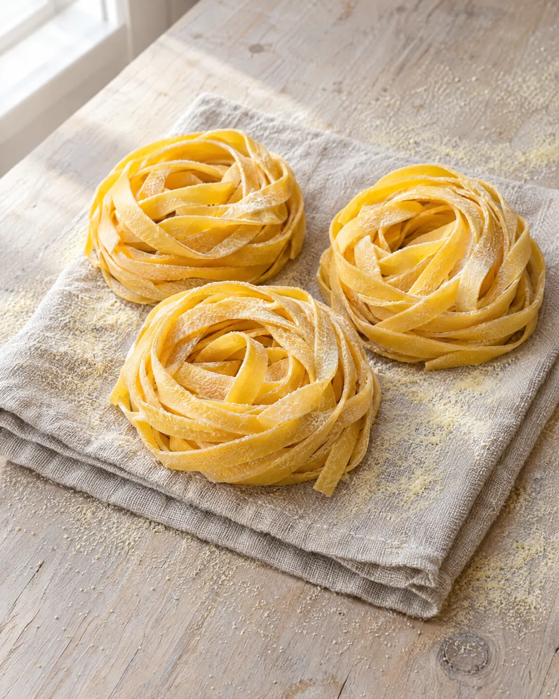 Drei Nester frischer Tagliatelle auf einem gefalteten Leinentuch, mit Grieß bestäubt
