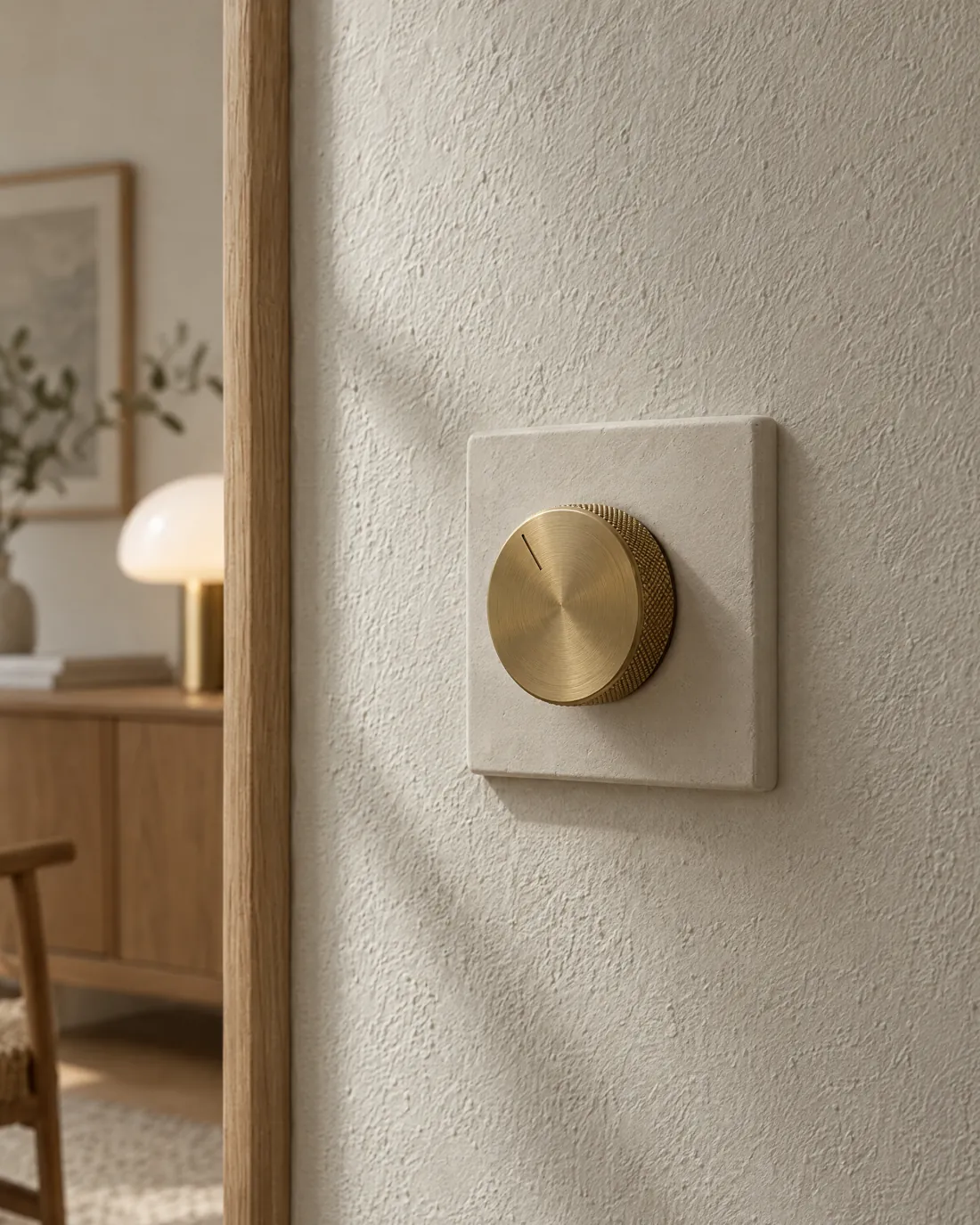 Runder Drehdimmer aus gebürstetem Messing mit feiner Rändelung auf einer hellen Wandplatte