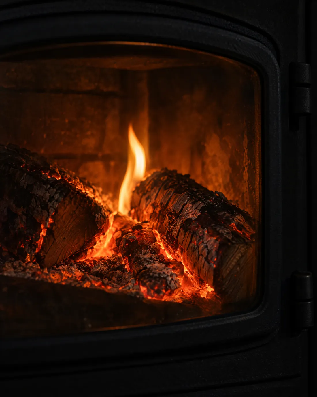 Glühende Glut auf verkohlten Buchenscheiten, eine einzelne kleine Flamme