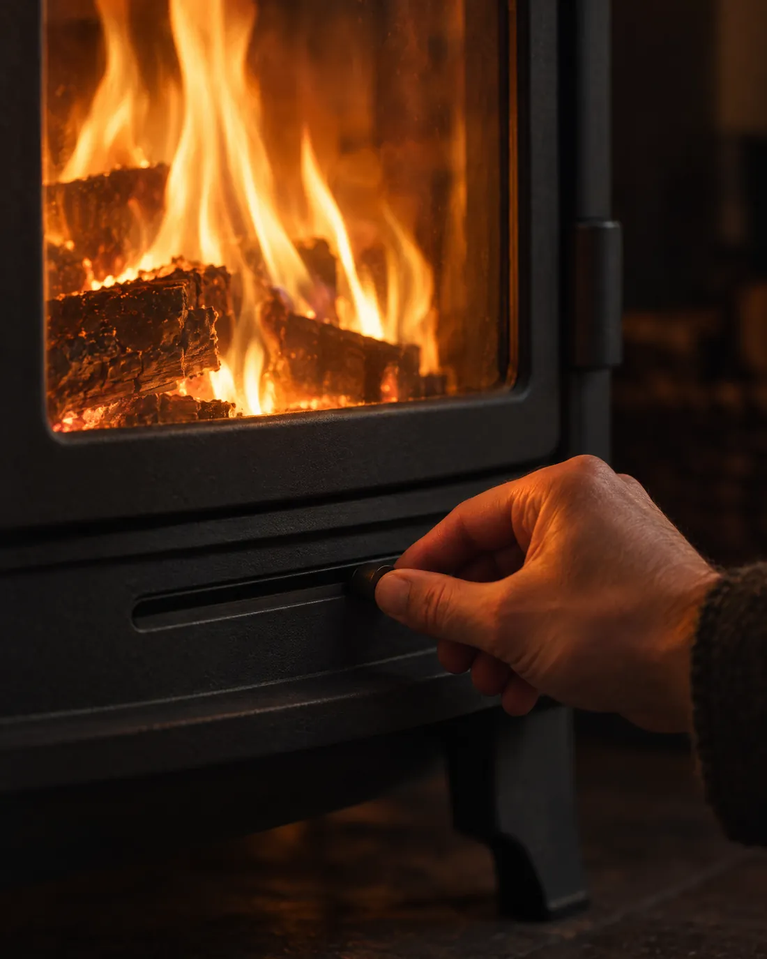 Eine Hand schiebt den Knopf des Luftschiebers unter der Scheibe, dahinter ruhige goldene Flammen