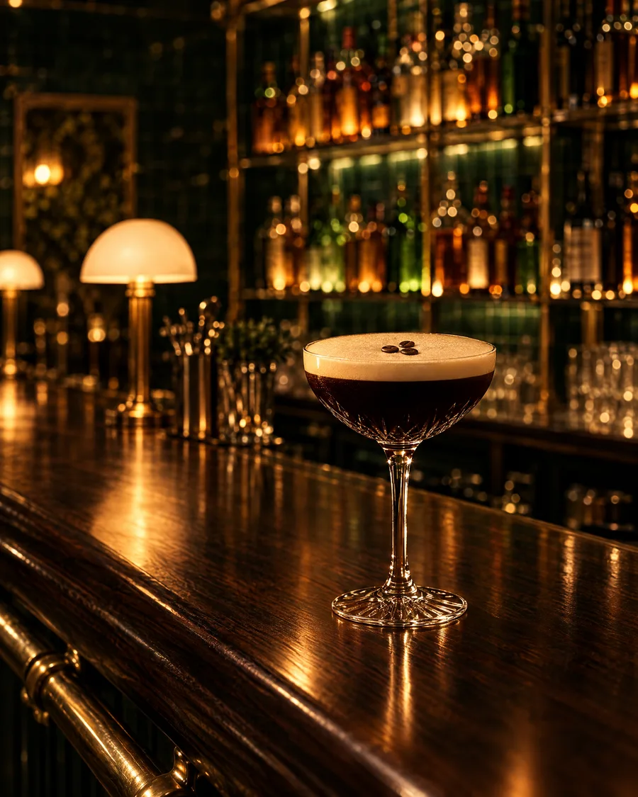 Espresso Martini mit dichter heller Schaumkrone und drei Kaffeebohnen