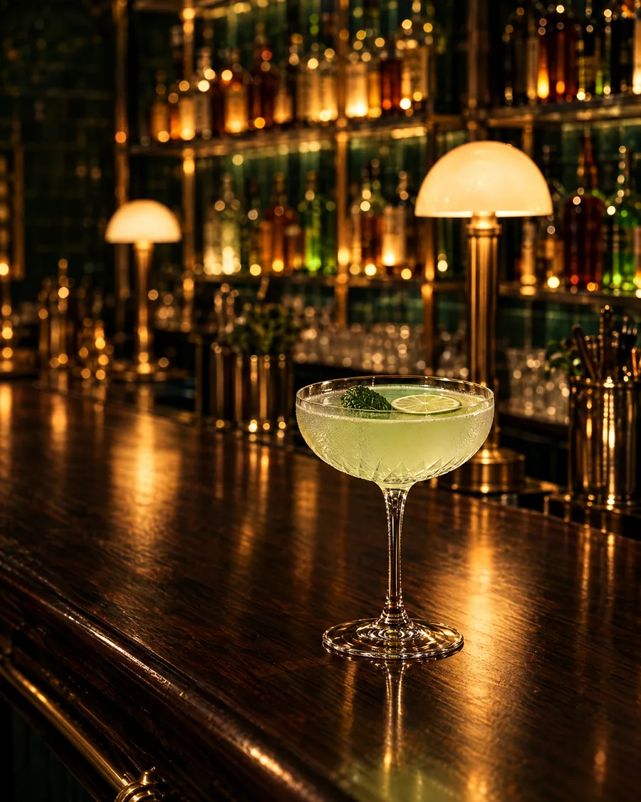 Hellgrüner Drink in einer Kristall-Coupe mit Minzblatt und Limettenscheibe
