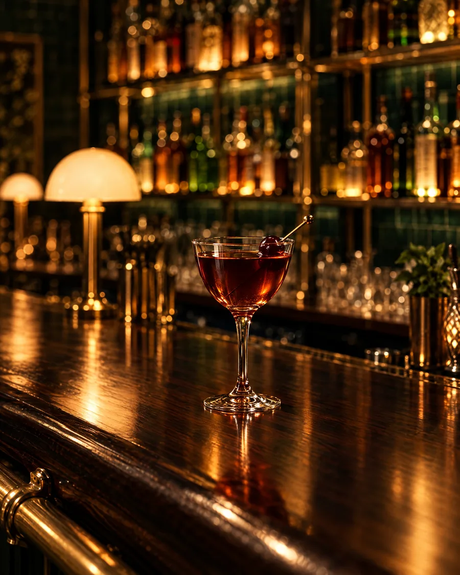 Bernsteinfarbener Manhattan im Stielglas mit einer Kirsche am Messingspieß