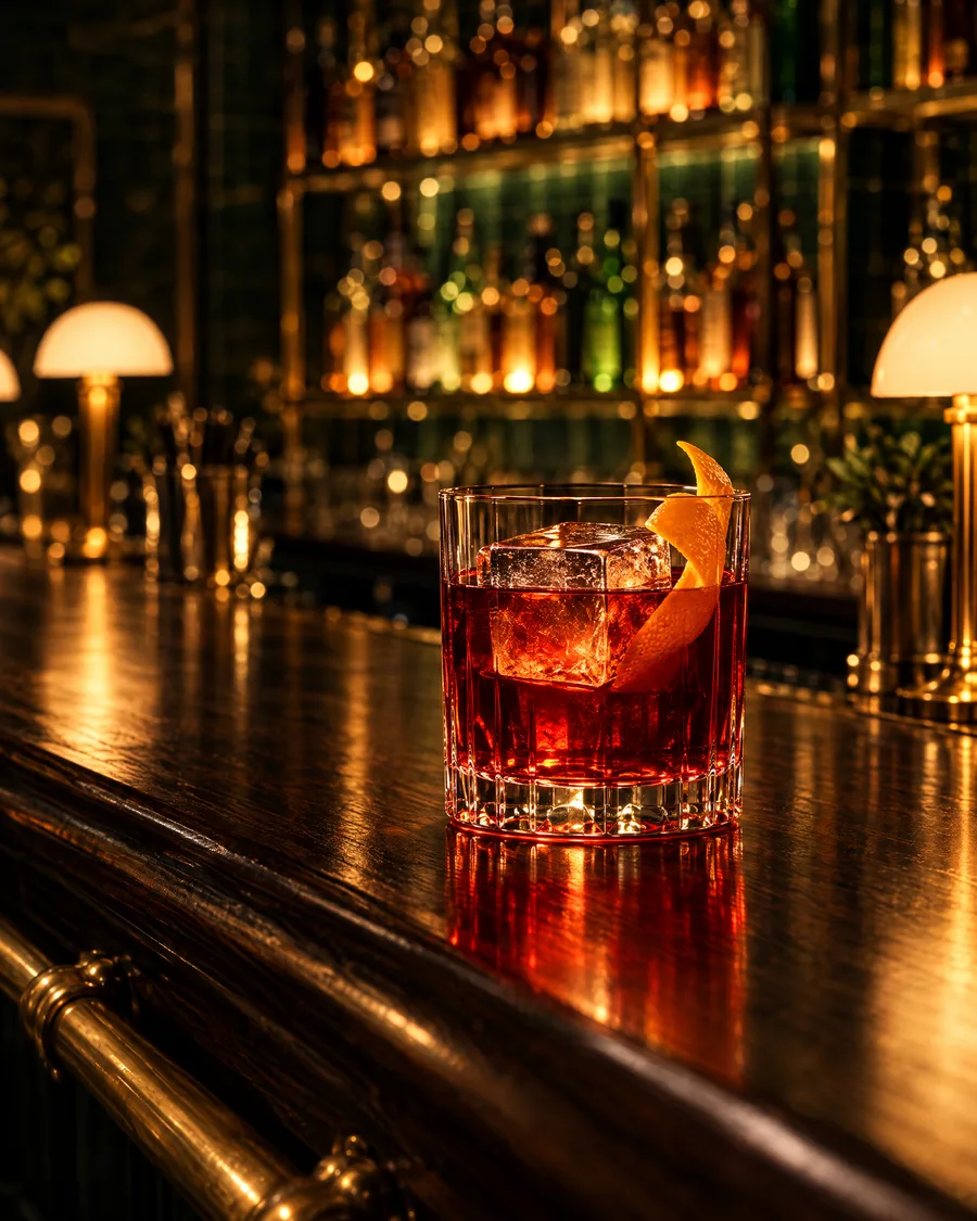 Rubinroter Negroni im Tumbler mit großem Eiswürfel und Orangenzeste