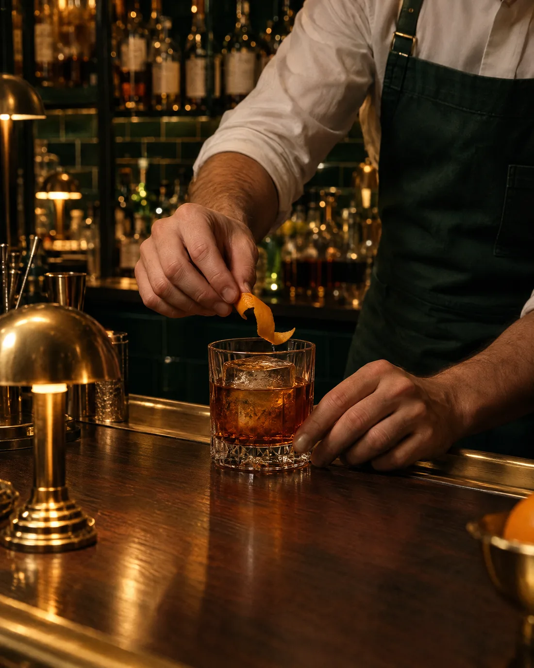 Die Hände des Barkeepers legen eine Orangenzeste auf einen Drink im Kristallglas