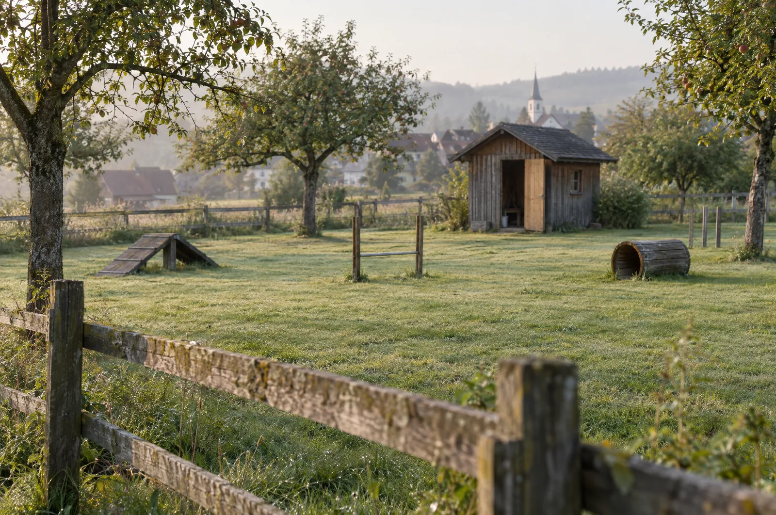 Die Übungswiese am Morgen: Holzzaun, eine kleine Hütte mit offener Tür, Obstbäume und Tau im Gras