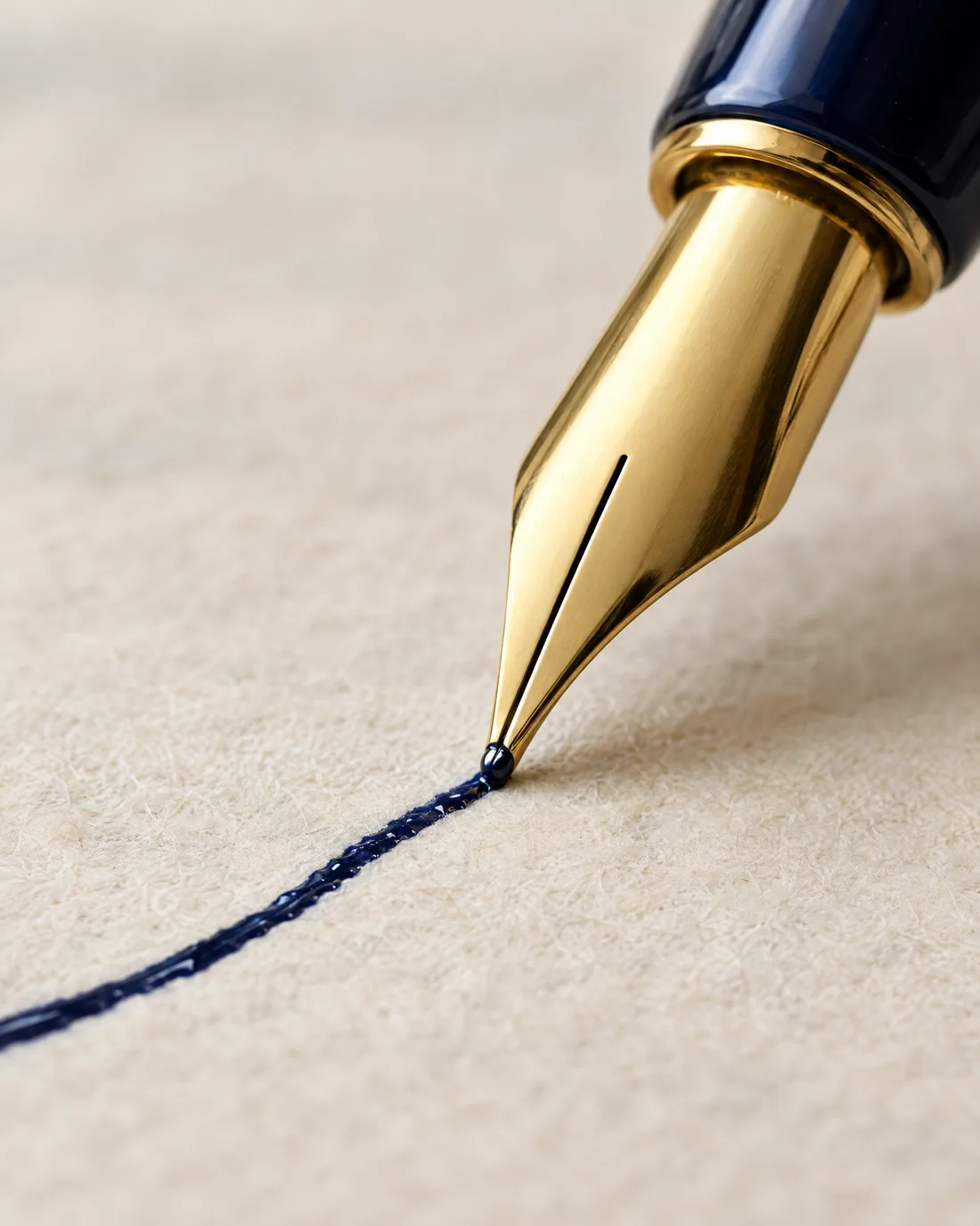 Goldfeder in Nahaufnahme auf cremefarbenem Papier, der Spalt zwischen den beiden Spitzen ist zu sehen, dahinter eine frische blauschwarze Linie
