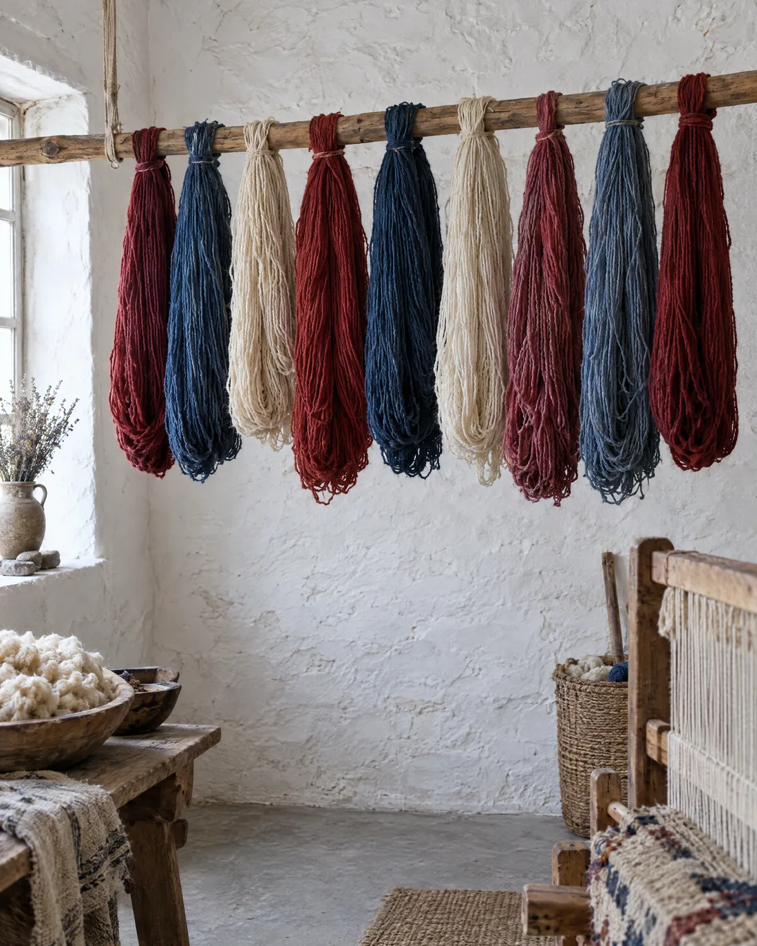 Stränge handgesponnener Wolle in Krapprot, Indigo und Naturweiß hängen an einer Holzstange vor einer gekalkten Wand