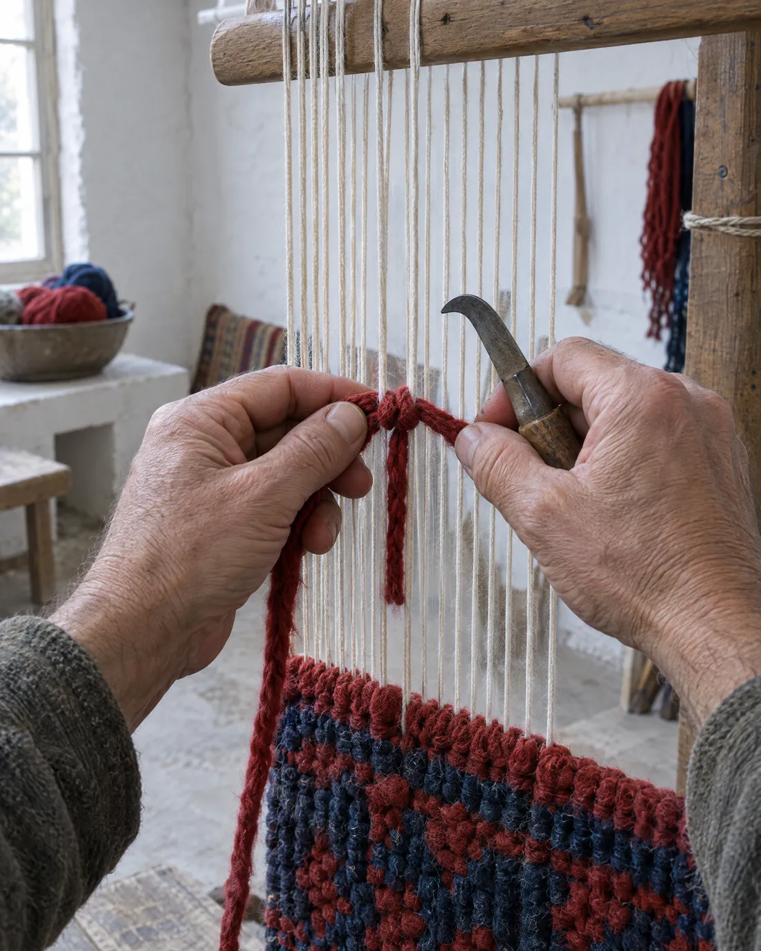 Zwei Hände binden einen roten Wollknoten um zwei Kettfäden, in der rechten Hand ein kleines Hakenmesser