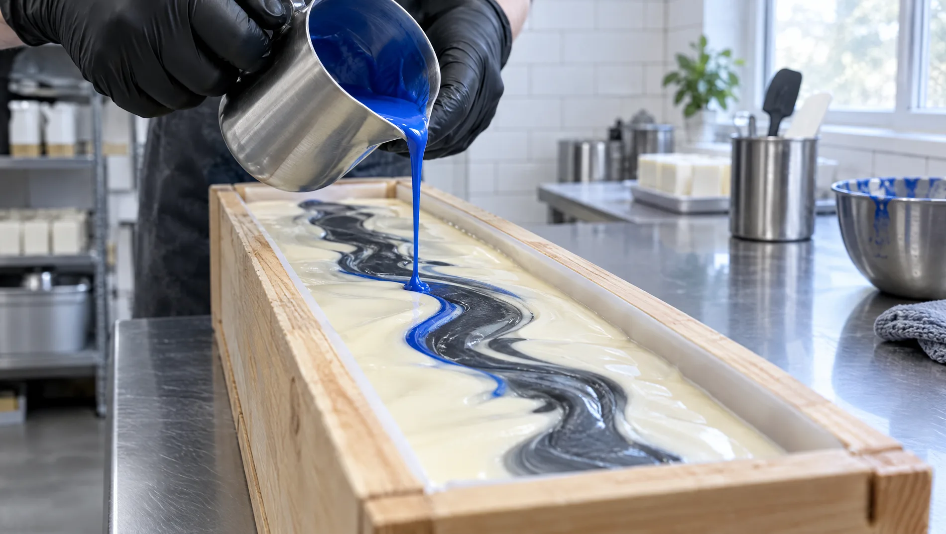Hände in schwarzen Handschuhen gießen aus einer Stahlkanne einen dünnen Strahl blauen Seifenleims in eine lange Holzform, in der schon ein grauer Streifen liegt