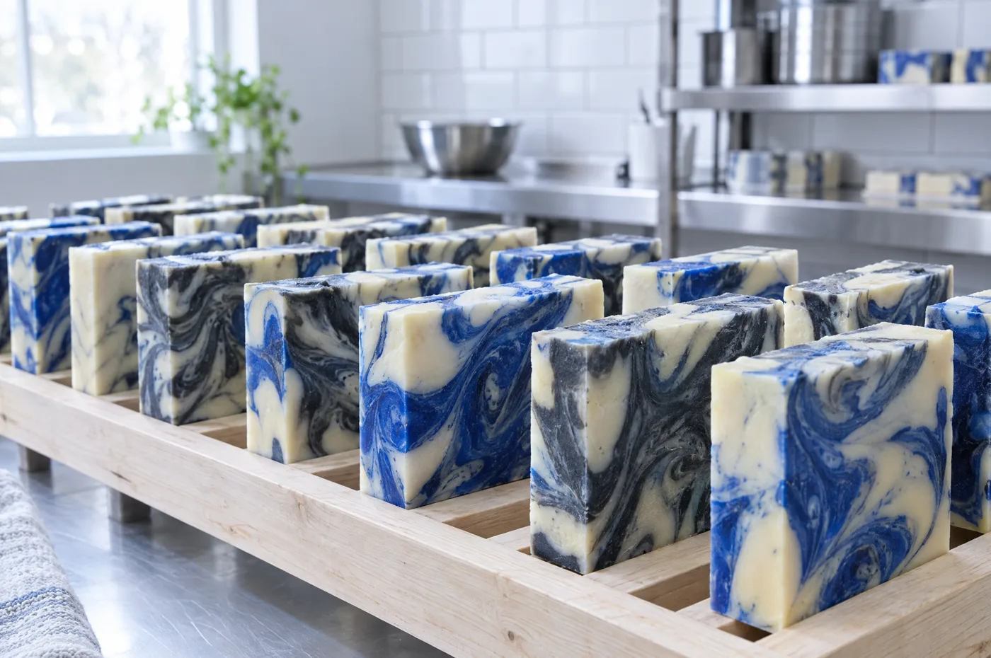 Frisch geschnittene Seifenstücke stehen hochkant mit kleinen Abständen auf einem hellen Holzregal, jede Schnittfläche mit einem anderen blauen und grauen Wirbel