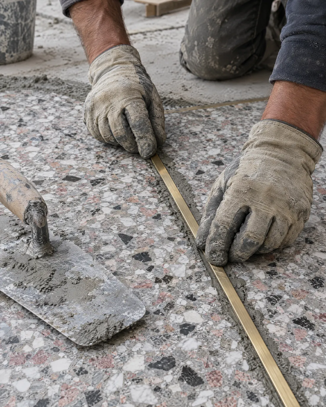 Hände in Arbeitshandschuhen drücken eine Messingschiene in frisch gegossenen grauen Terrazzo, daneben liegt eine Kelle