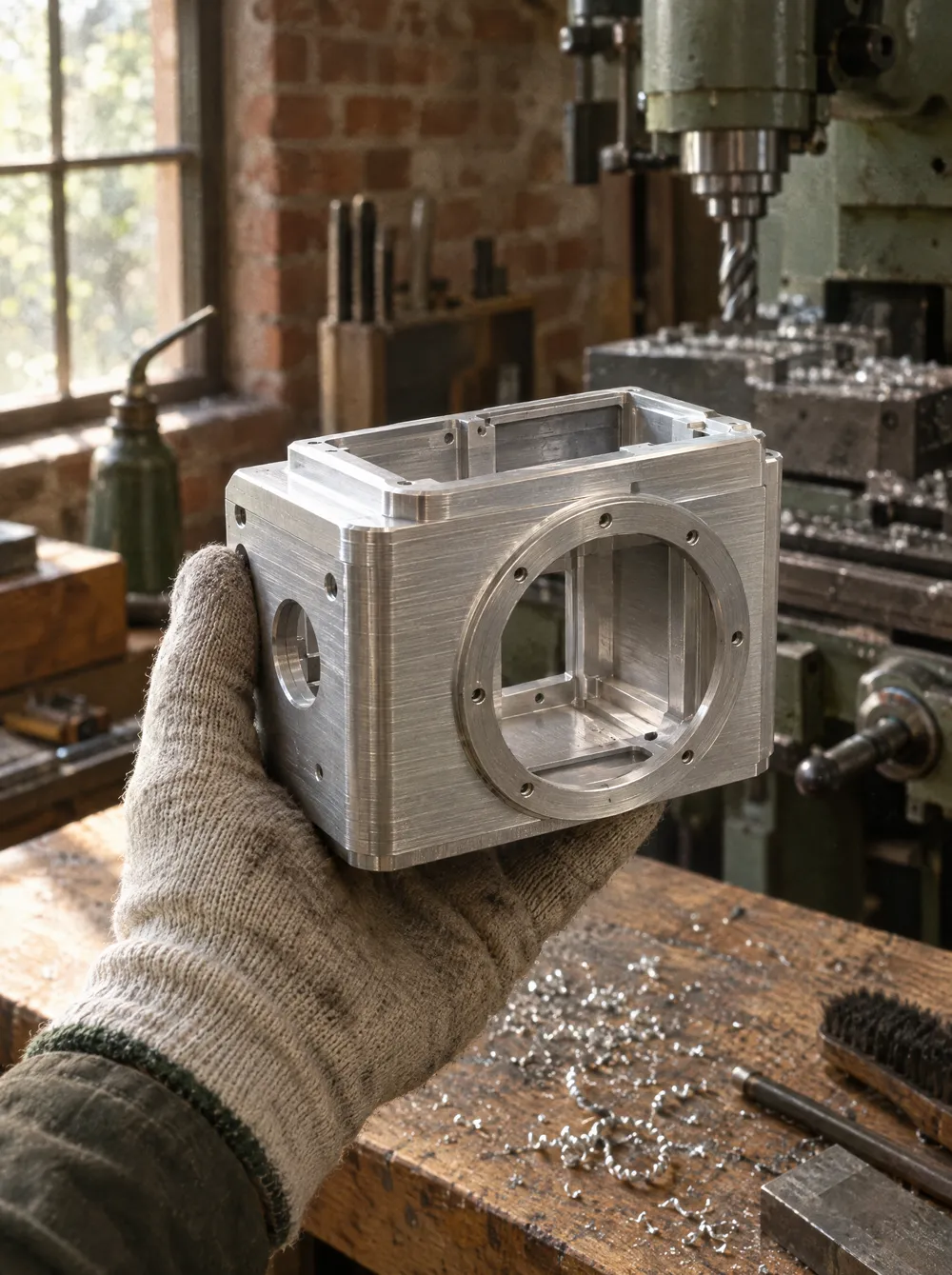 Hand im Arbeitshandschuh hält ein frisch gefrästes Kameragehäuse aus Aluminium vor der Fräsmaschine