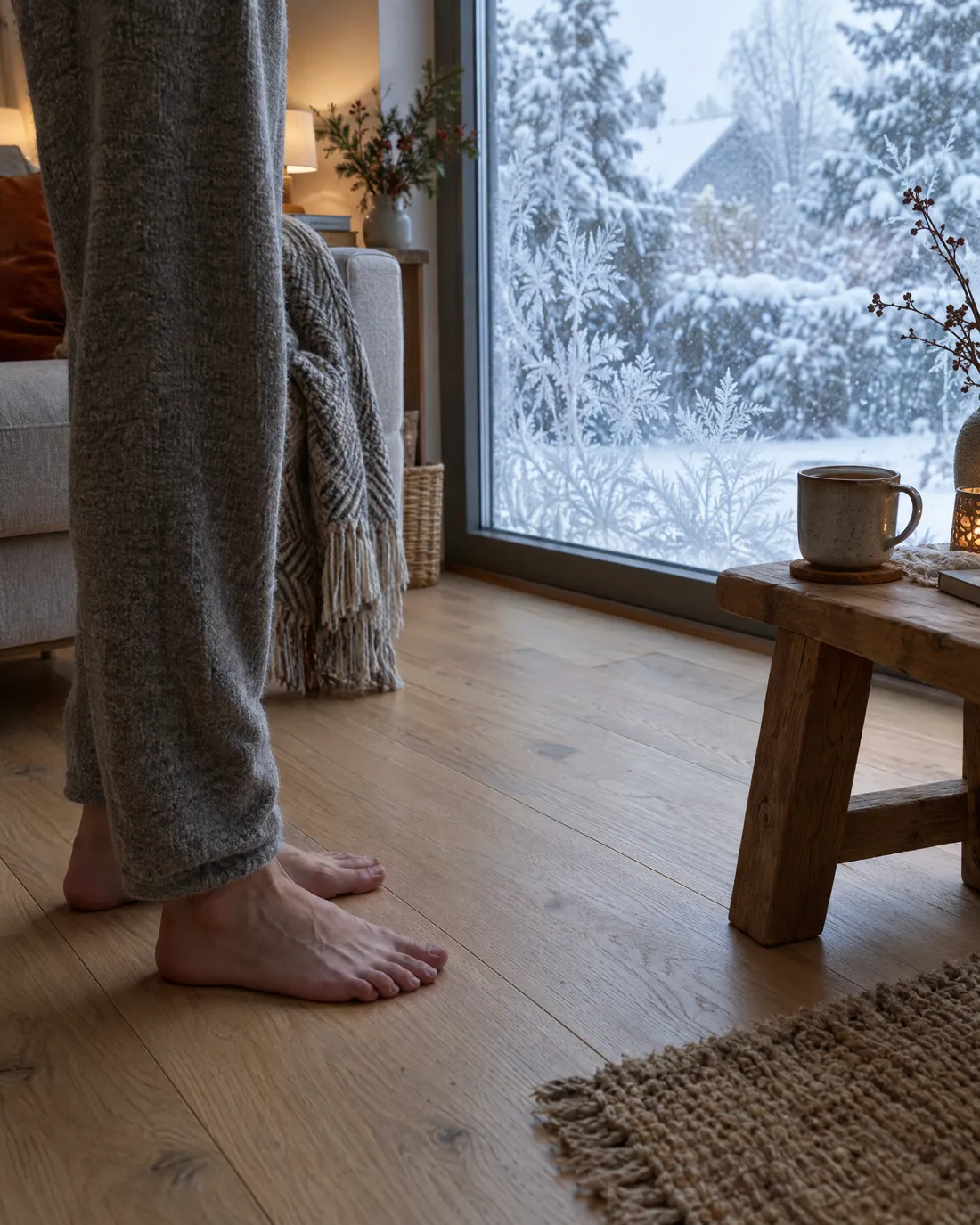 Nackte Füße auf einem hellen Holzboden, hinter dem Fenster Eisblumen und Schnee