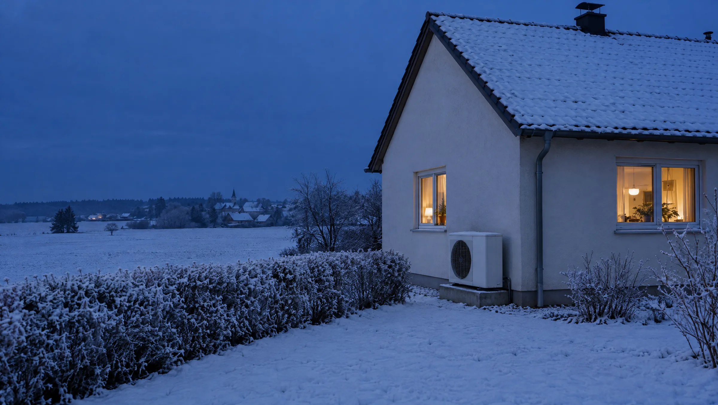 Einfamilienhaus am Winterabend, Schnee auf Dach und Rasen, Reif auf der Hecke, an der Hauswand steht das weiße Außengerät einer Wärmepumpe