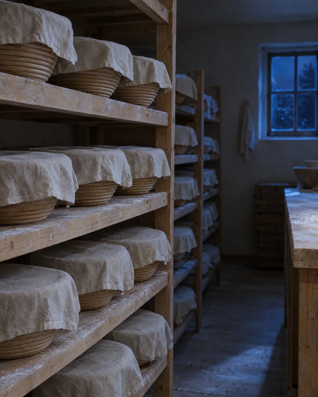 Kühlraum bei Nacht: Holzregale mit runden Gärkörben, jeder mit einem Leinentuch abgedeckt, durchs Fenster fällt blaues Licht