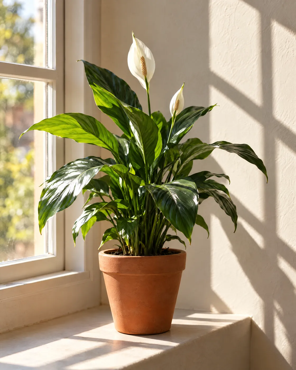 Einblatt im Terrakottatopf auf einer Fensterbank im harten Nachmittagslicht eines Südfensters, scharfe Schatten an der Wand