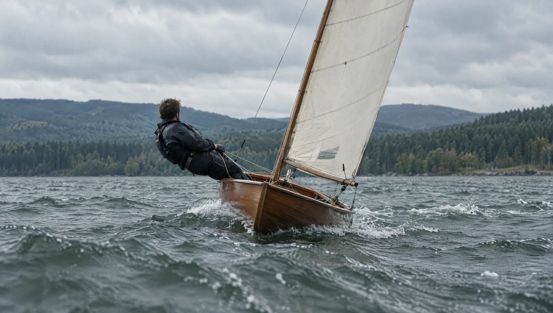 Eine Holzjolle hart am Wind in Schräglage, der Segler sitzt weit draußen auf der Luvseite, kleine Schaumkronen