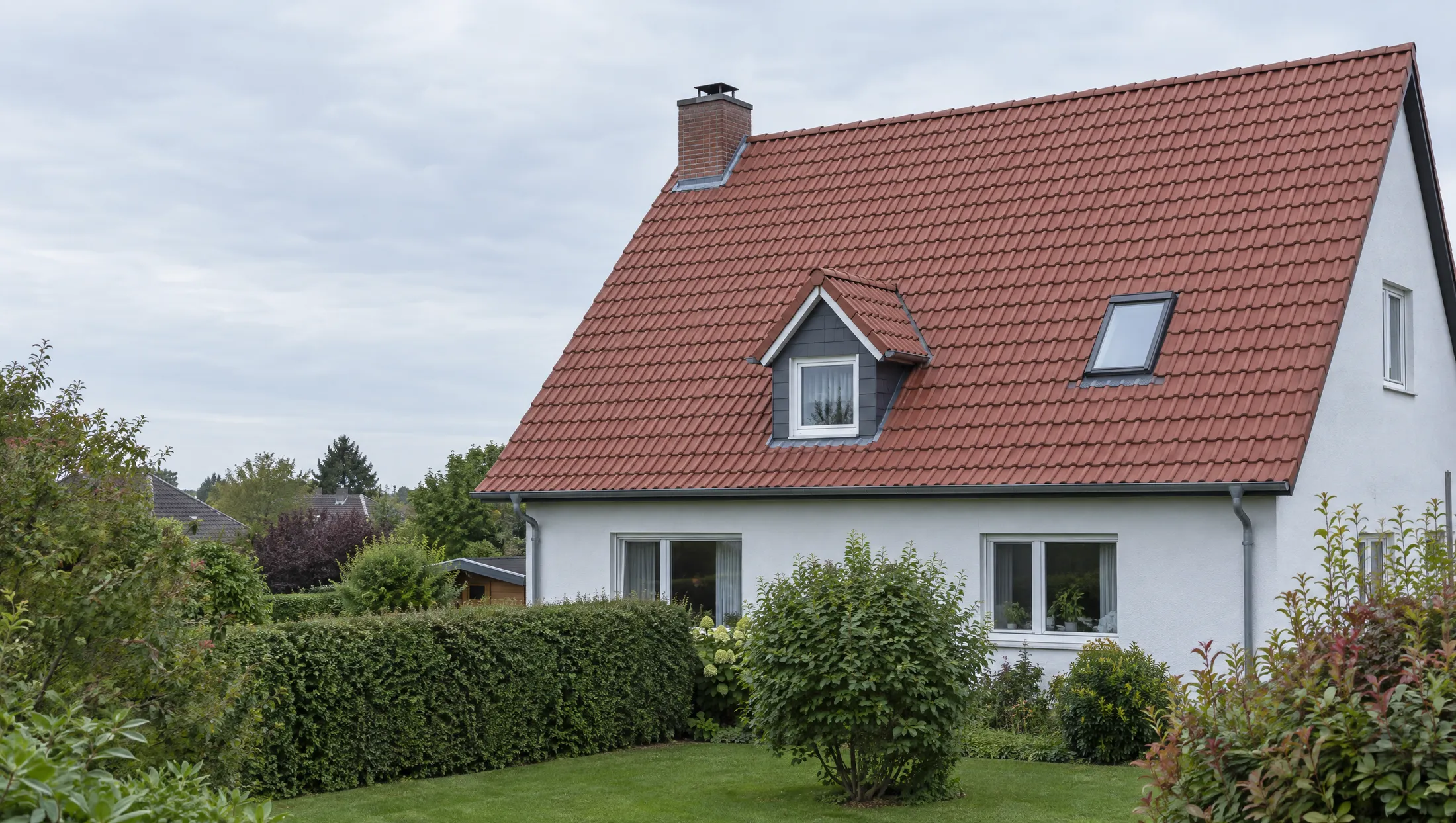 Einfamilienhaus mit rotbraunem Ziegeldach, einer Gaube, einem Schornstein am First und einem Dachfenster, noch ohne Solarmodule