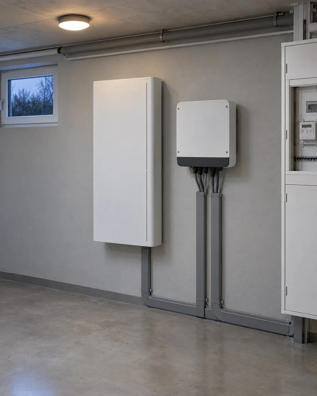 Hauswirtschaftsraum im Keller: ein schmaler weißer Batteriespeicher und ein Wechselrichter an einer hellgrauen Wand, Kabelkanäle führen zum Zählerschrank