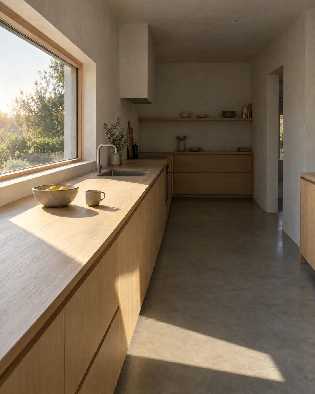Küche mit langer Eichenarbeitsplatte unter einem breiten Fenster, Morgensonne legt ein helles Trapez auf Platte und Betonboden