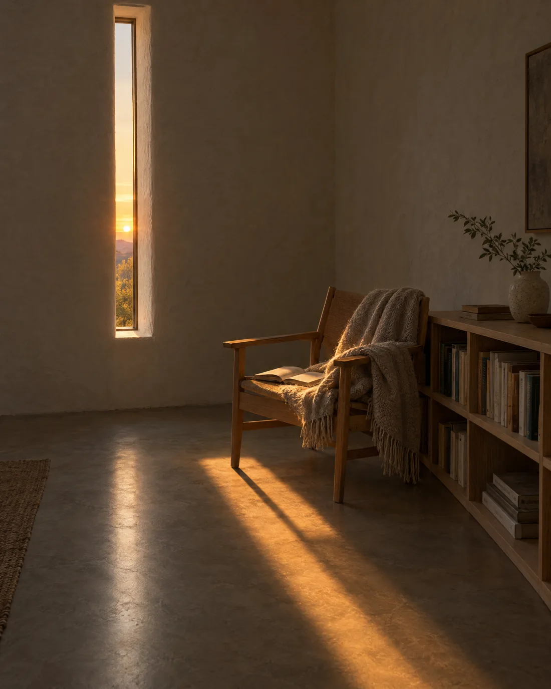 Leseecke im Abendlicht: ein sehr schmales hohes Fenster in einer dicken weißen Wand, ein langer goldener Lichtstreifen über dem Betonboden neben einem Eichensessel mit Wolldecke