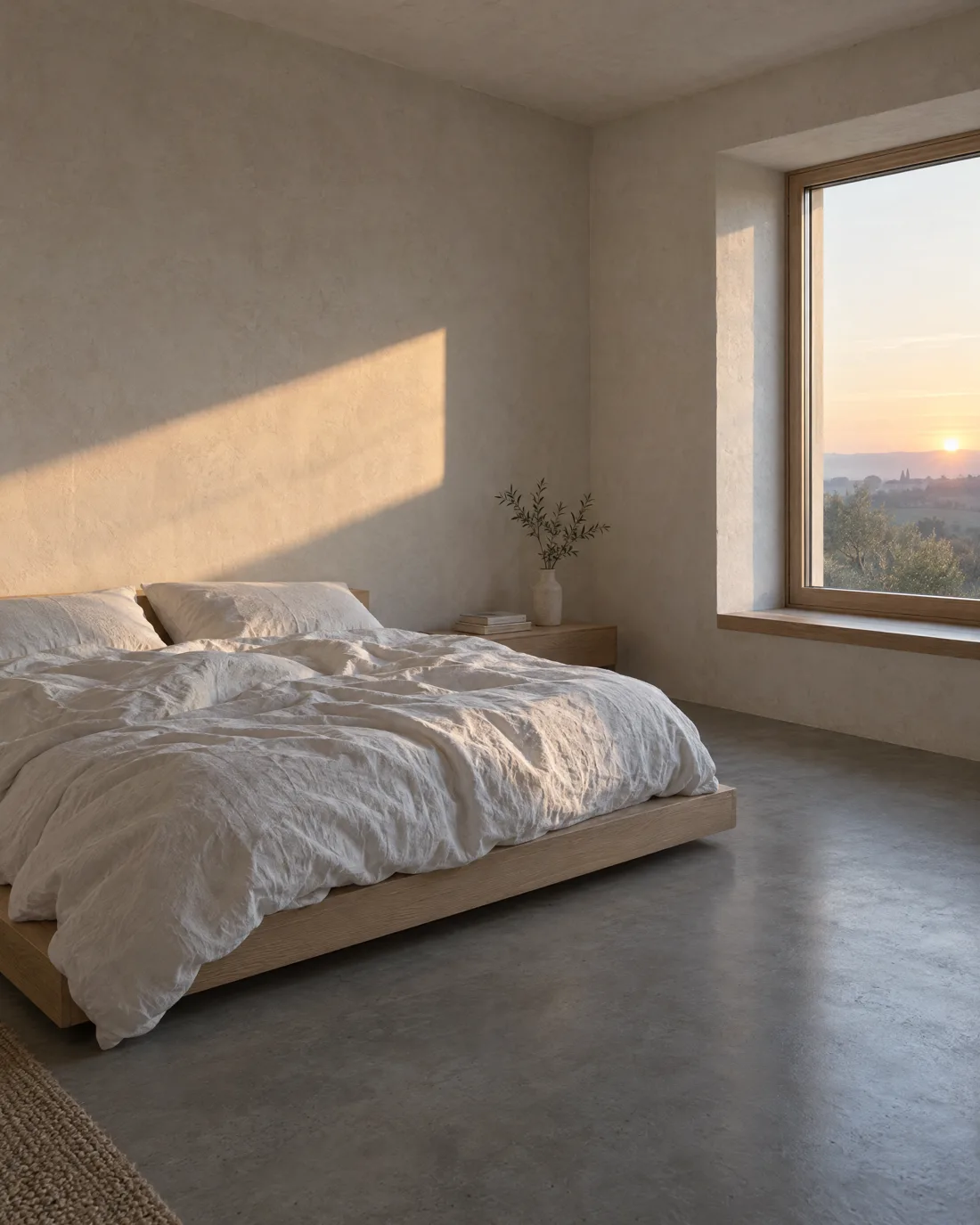 Schlafzimmer mit tiefem Bett und weißer Leinenwäsche, erstes Sonnenlicht als schräges Feld an der Wand
