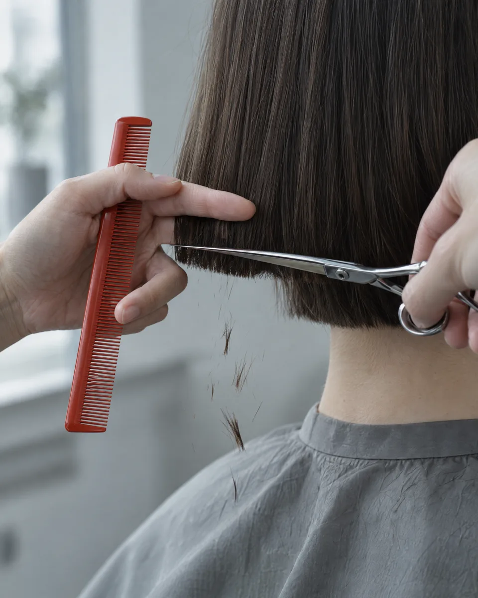 Hände der Friseurin: ein roter Kamm zwischen den Fingern, die Schere schneidet eine gerade Linie durch dunkles, kinnlanges Haar