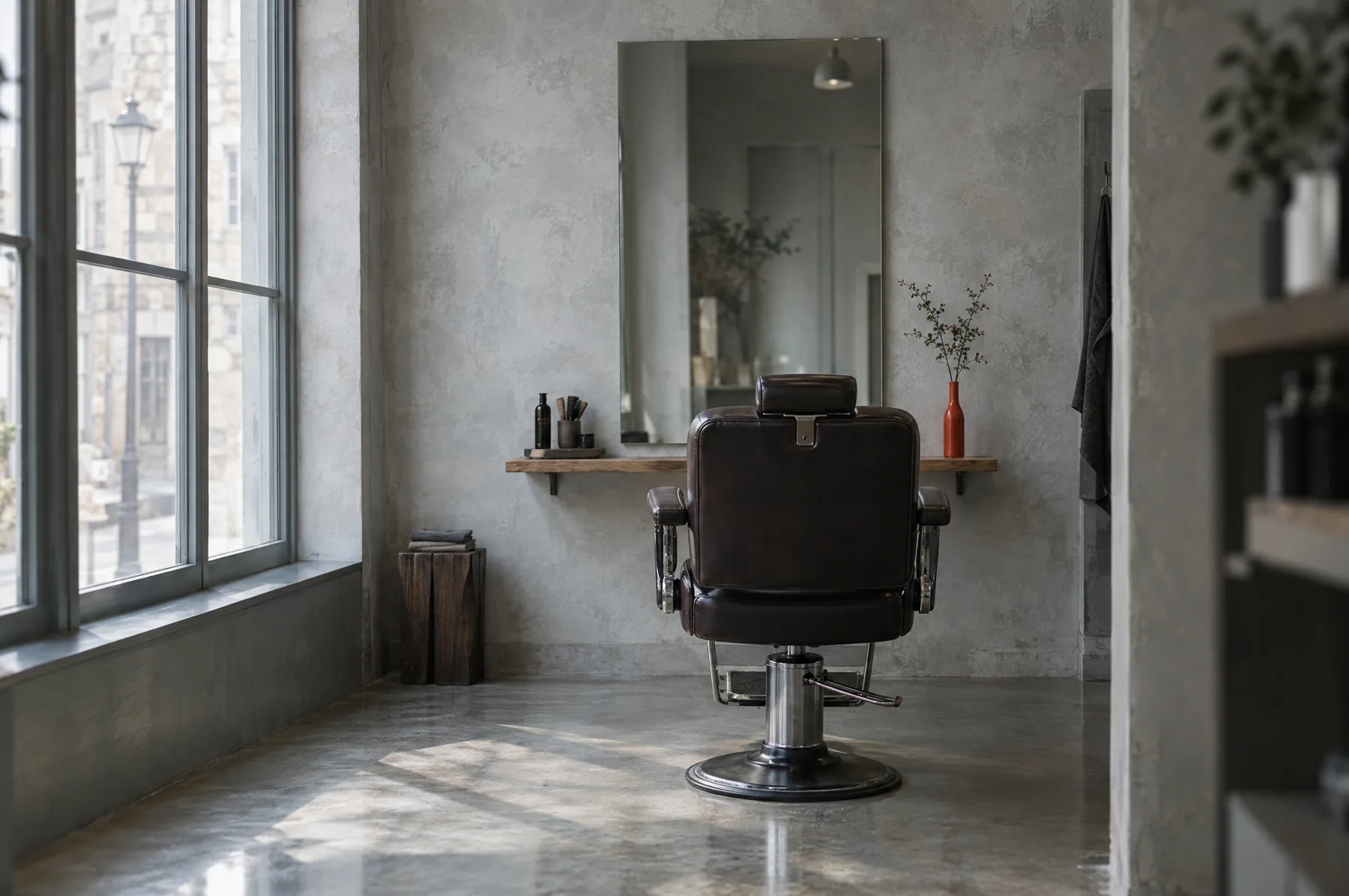 Der Salon: ein schwarzer Friseurstuhl vor einem hohen Spiegel an einer hellgrauen Kalkwand, Morgenlicht vom Fenster auf dem Betonboden