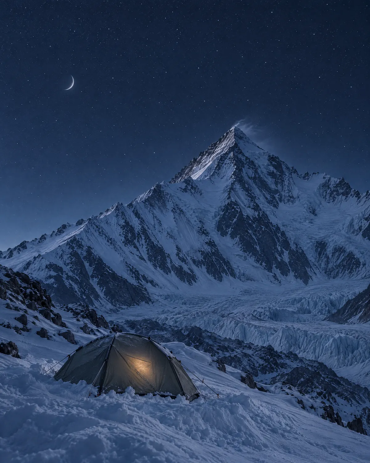 Ein einzelnes Zelt im Schnee auf 6.400 Metern, innen brennt eine Stirnlampe, dahinter der Gipfel unter Sternen