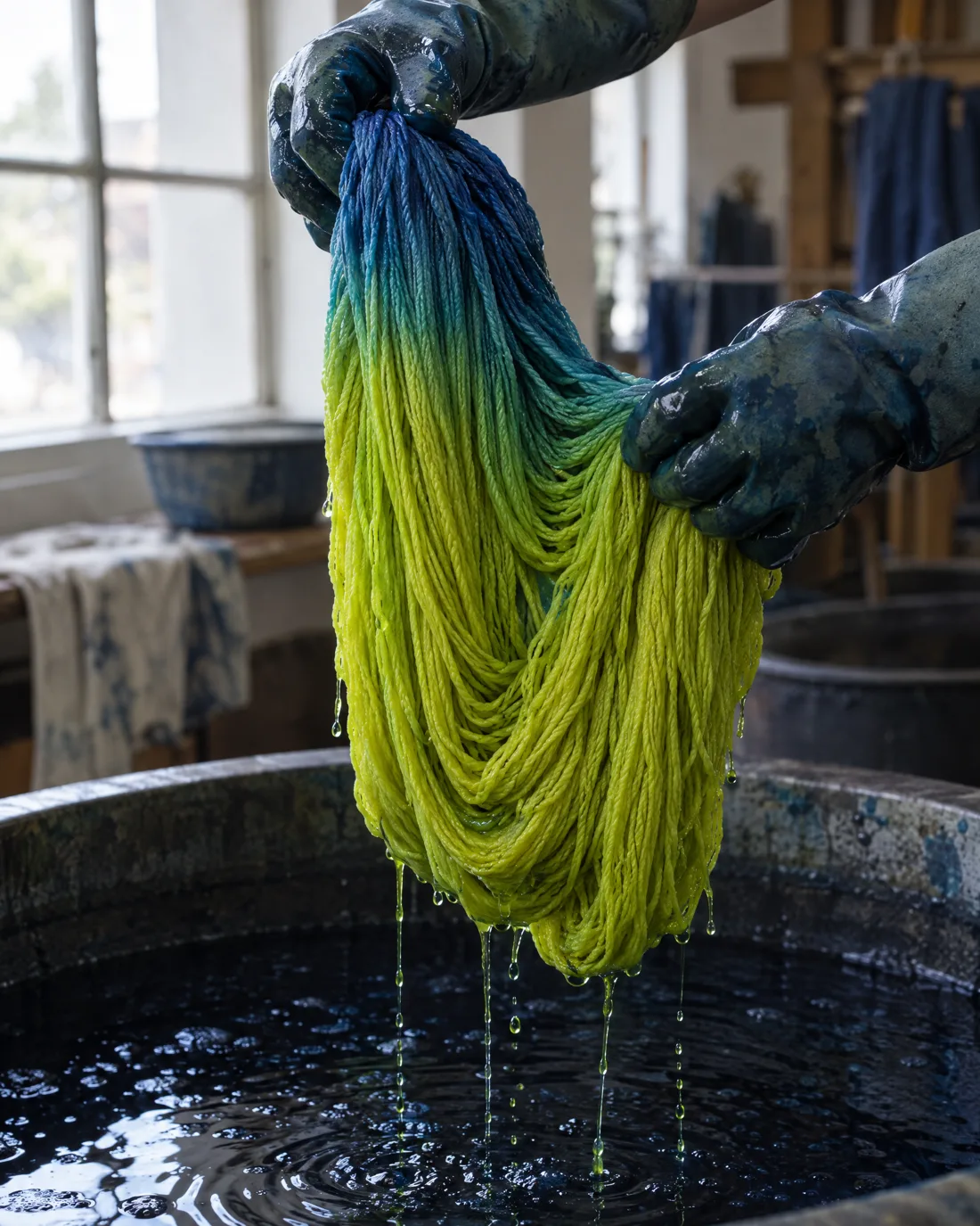Zwei Hände in Handschuhen heben einen Garnstrang aus der Küpe. Unten ist das Garn leuchtend gelbgrün und tropft, oben ist es schon blaugrün bis blau.