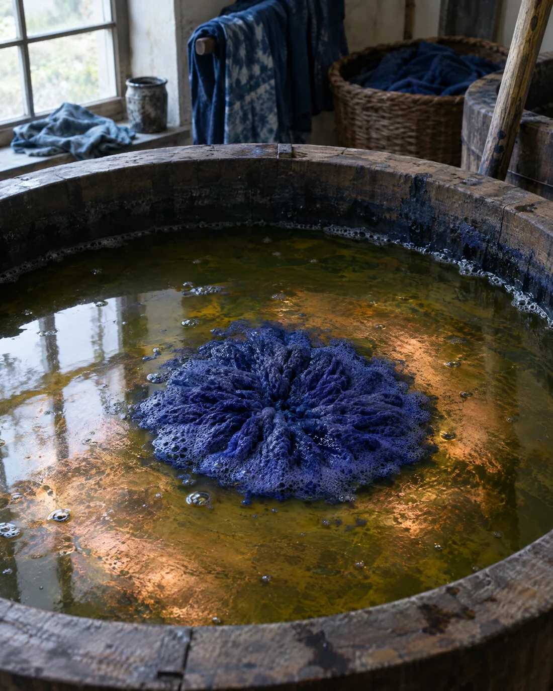 Blick von oben in eine runde Indigoküpe: gelbgrüne Oberfläche mit Kupferglanz, in der Mitte ein dichter blauvioletter Schaum