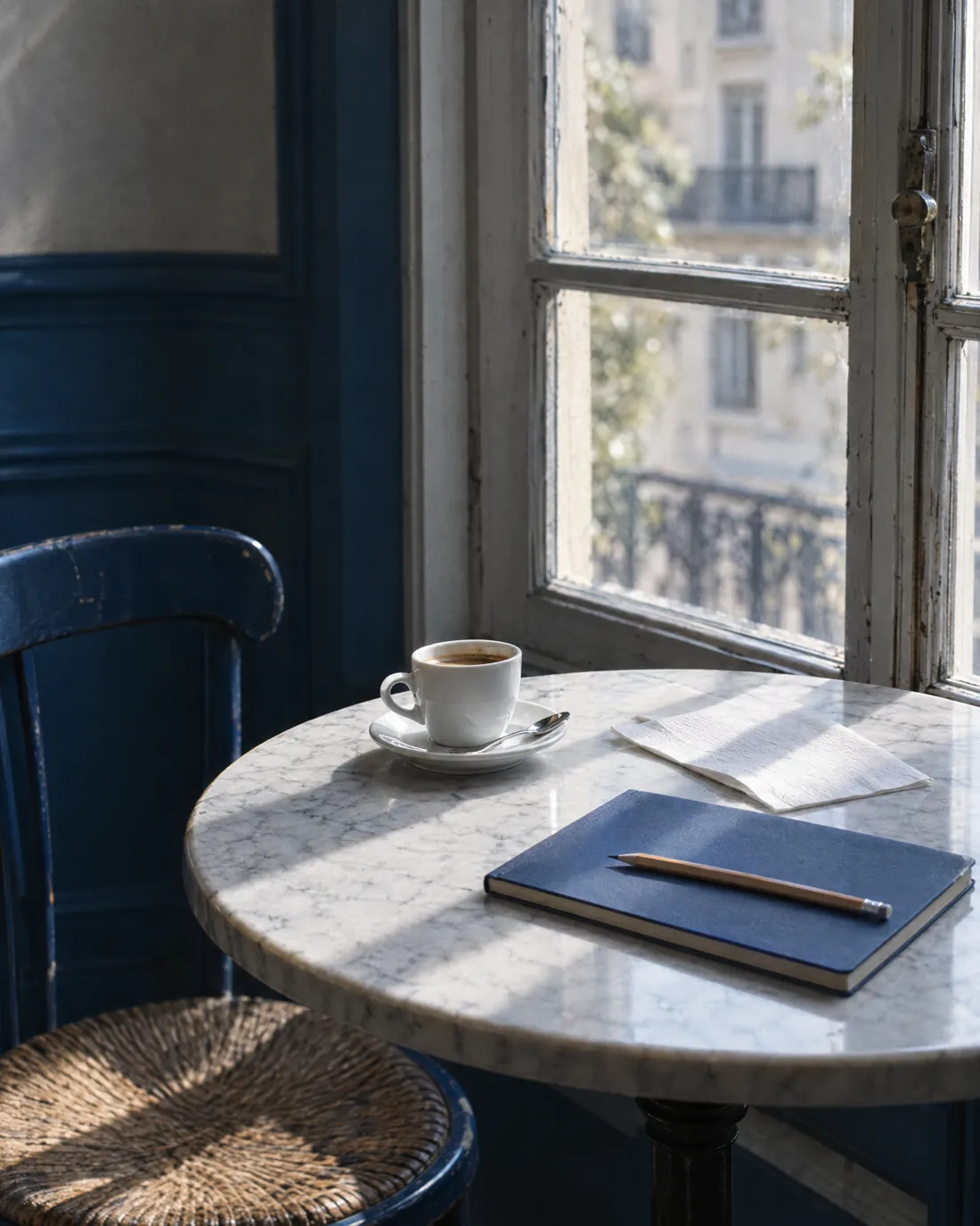 Ein kleiner Marmortisch am hohen Fenster, eine Tasse Espresso, ein blaues Heft mit Bleistift, Morgenlicht