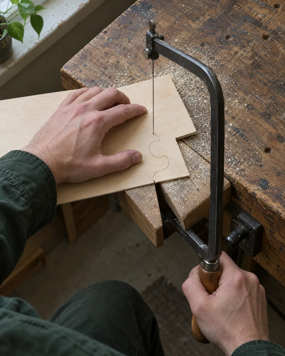 Zwei Hände an einer Laubsäge mit tiefem Stahlbügel, die Holzplatte liegt auf einem Sägetischchen, auf dem Holz eine Bleistiftlinie mit Puzzlenase