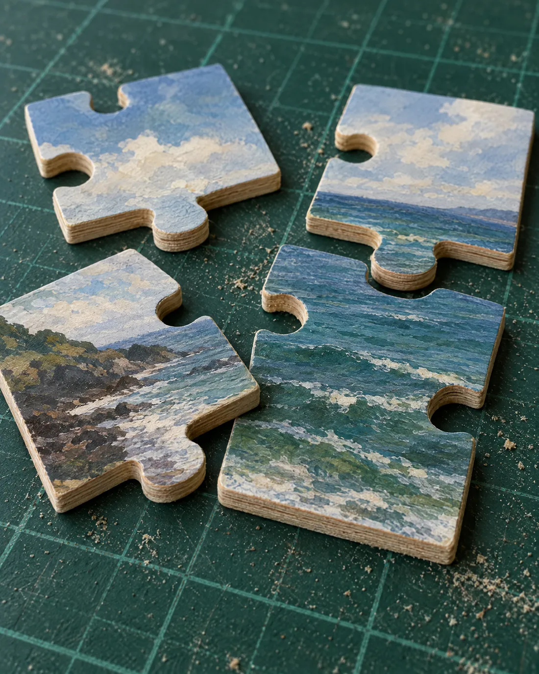Vier Puzzleteile aus Birkensperrholz auf einer grünen Schneidematte, oben ein gemaltes Meer, an der Seite die hellen Holzlagen, daneben Sägemehl