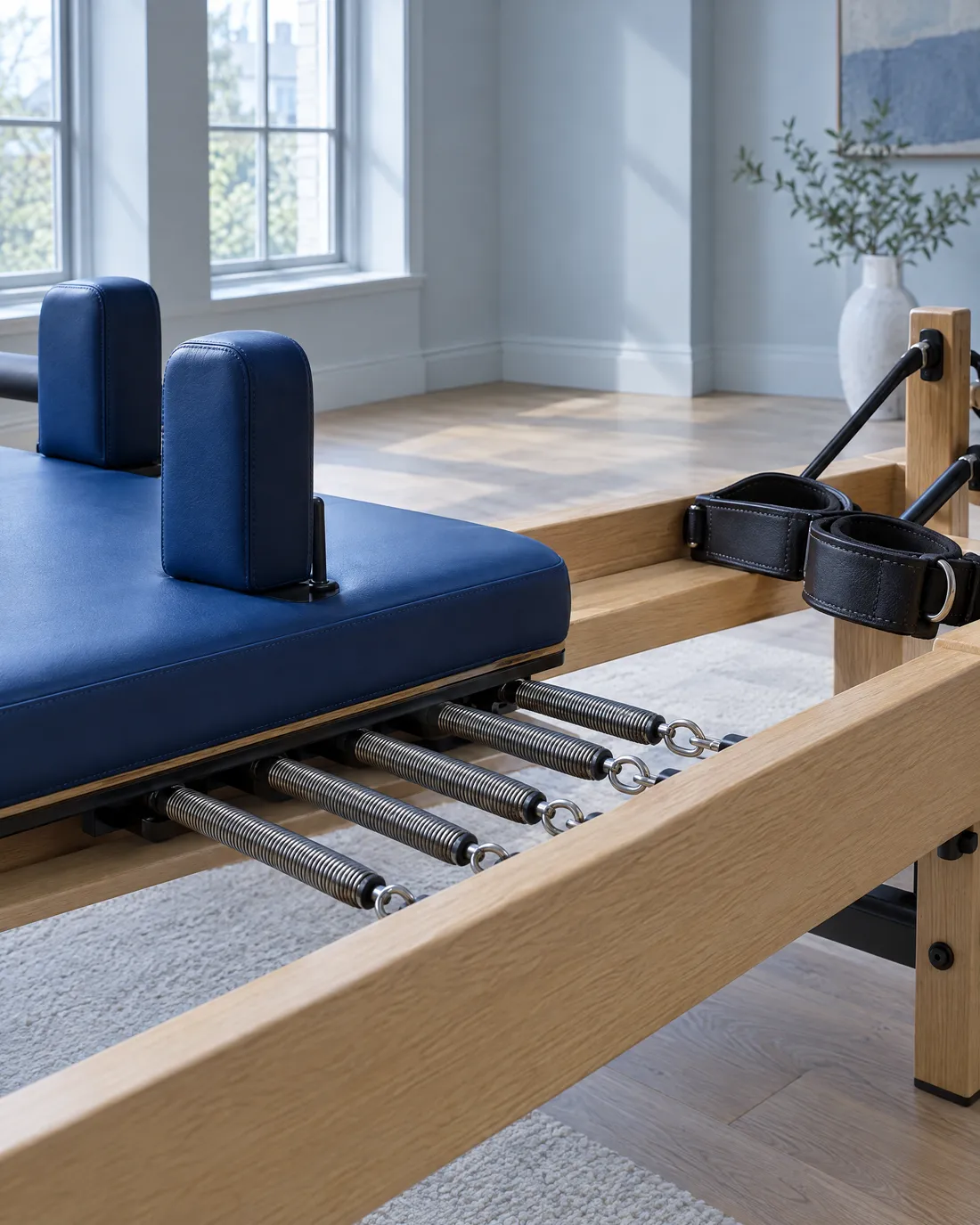 Reformer aus hellem Holz mit kobaltblauem Polster, Federn und Lederschlaufen