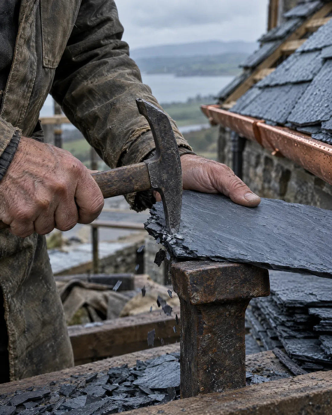 Hände eines Dachdeckers richten mit dem Schieferhammer auf der Haubrücke einen Schieferstein zu, Splitter fallen