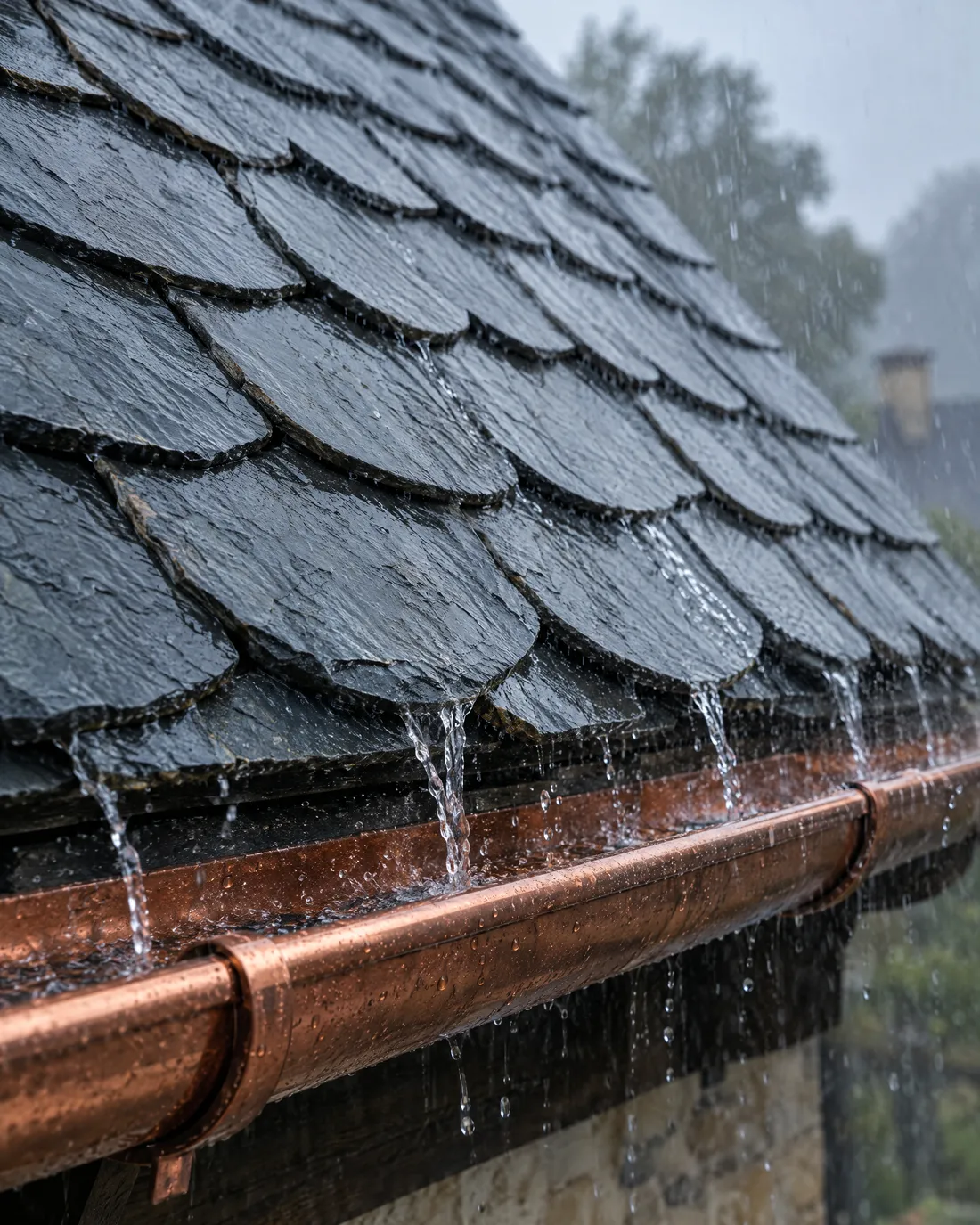 Nasse Schiefersteine in altdeutscher Deckung an der Traufe, Regenwasser läuft über die Kanten in eine Kupferrinne