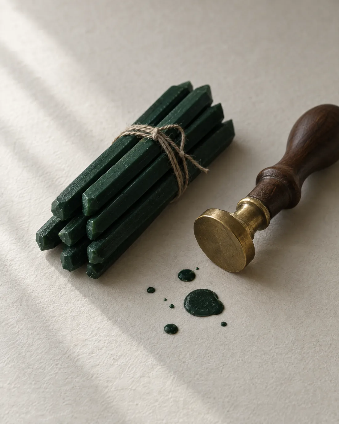 Ein Bündel waldgrüner Siegellackstangen mit Bindfaden, daneben ein Petschaft mit Messingfuß und Nussbaumgriff, ein paar erkaltete Tropfen auf dem Papier