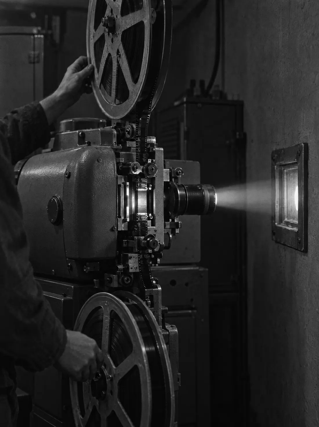 Vorführkabine bei Nacht: ein schwerer 35-mm-Projektor mit zwei Filmrollen, eine Hand legt die obere Rolle ein, der Lichtstrahl geht durch ein kleines Glasfenster in der Wand