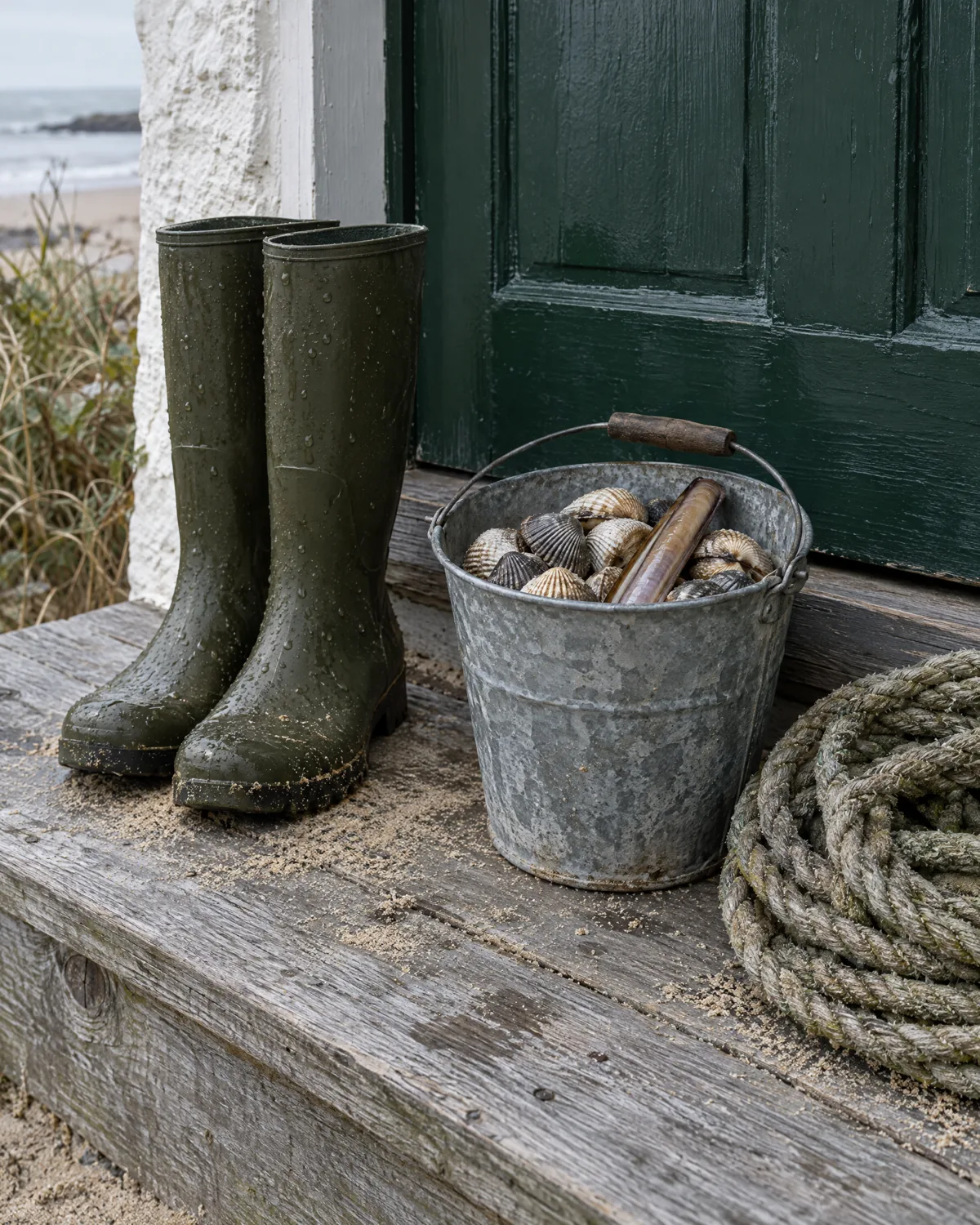 Graue Holzstufe vor einer dunkelgrünen Tür, darauf nasse Gummistiefel, ein Zinkeimer mit Herzmuscheln und eine Schwertmuschel, daneben ein aufgerolltes Tau