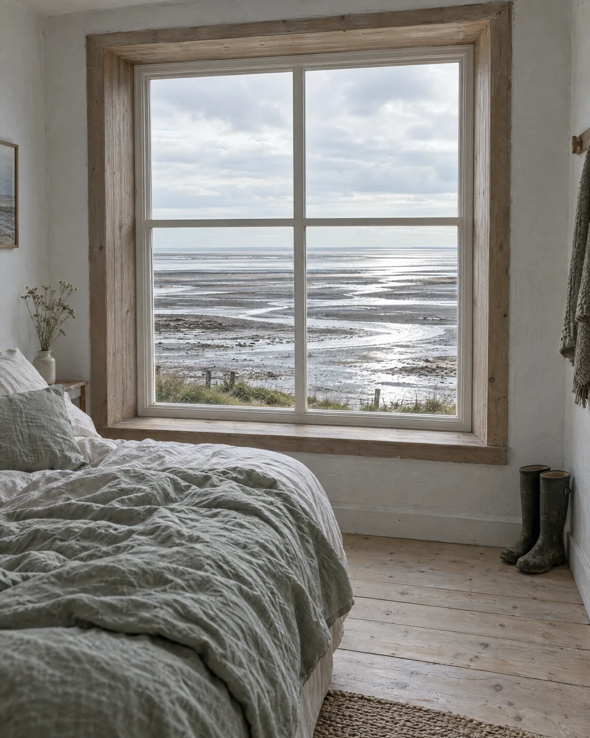 Schlafzimmer mit tief gesetztem Holzfenster, draußen das Watt bei Niedrigwasser mit glänzenden Prielen, davor ein Bett mit grünem Leinen und Gummistiefel an der Wand