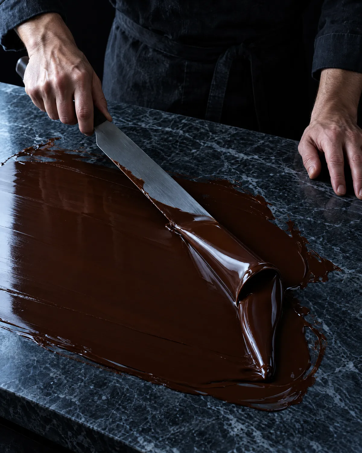 Hände streichen flüssige Schokolade mit einer langen Palette auf einer dunklen Marmorplatte aus