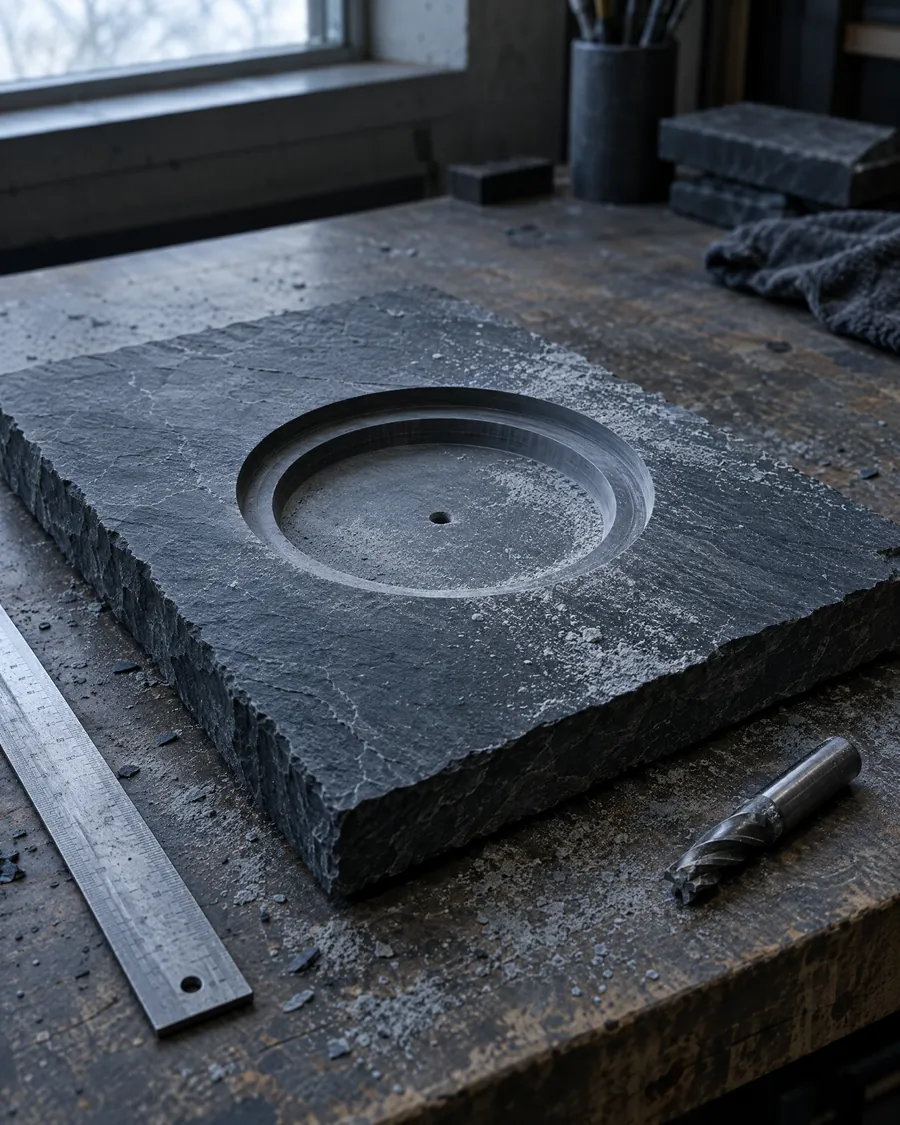 Eine rohe Schieferplatte mit frisch ausgefräster runder Mulde für das Lager, feiner Staub auf der Oberfläche