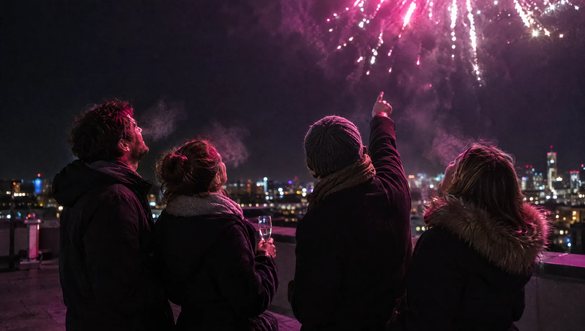 Vier Freunde in Wintermänteln auf einem Dach, sie schauen nach oben in magentafarbenes Feuerwerk, eine zeigt in den Himmel